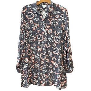 J. Jill Sz XS NWT Sheer Black Floral Long Sleeve Collar Tunic